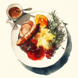 [526204 - 92 / FTK] 2 - 4P SAUCISSE DE VOLAILLE, JUS BRUN, COMPOTE DE POMMES ET FRUITS ROUGES, PUREE DE POMMES DE TERRE