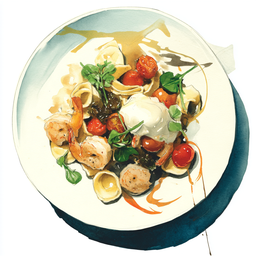 [526205 - 92 / FTK] 2 - 5P SCAMPIS, SALSA PUTTANESCA ET MASCARPONE, TOMATES EN GRAPPE CONFITES ET OIGNONS, ORECHIETTE ET PERSILLADE