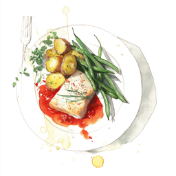 [526208 - 92 / FTK] 2 - 8P FILET DE DAURADE AUX EPICES, SAUCE A L' ESTRAGON ET AUX TOMATES, HARICOTS VERTS A L'ECHALOTE ET AU GINGEMBRE, POMMES DE TERRE AU PERSIL