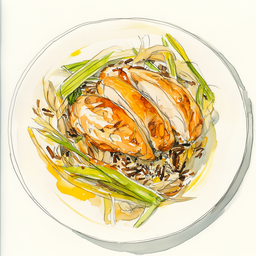 [526209 - 92 / FTK] 2 - 9P CHICKEN TENDERS, TERIYAKI SAUCE, SAUTÉED LEEKS AND ONIONS, SPICED WILD RICE