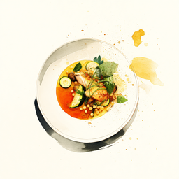 [526210 - 92 / FTK] 2 - 10P GUINEA FOWL TAJINE WITH CURRY AND CORIANDER SAUCE, ZUCCHINI AND RAISINS, FREGOLA WITH FRESH HERBS