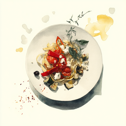 [526211 - 92 / FTK] 2 - 11P LINGUINE AUX POIVRONS DOUX, LEGUMES PROVENCAUX GRILLES, TOMATES ET CRUMBLE DE FETA