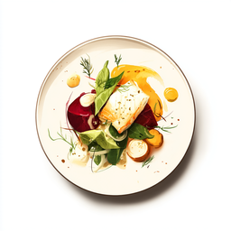 [526212 - 92 / FTK] 2 - 12P FILET DE COLIN, SAUCE VERTE AU LAIT DE COCO, CHOU-RAVE ET OIGNONS, PUREE DE BETTERAVE ROUGE